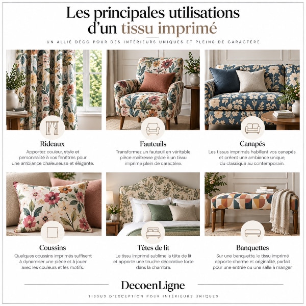 Infographie présentant les principales utilisations d'un tissu imprimé en décoration intérieure : rideaux, fauteuils, canapés, coussins, têtes de lit et banquettes.